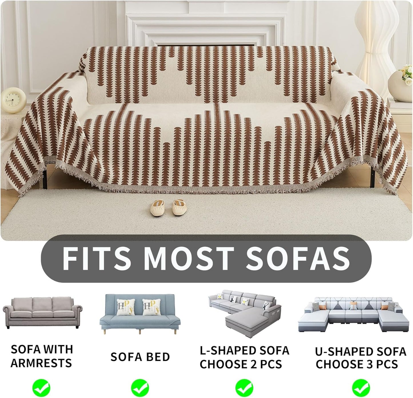 HAOMAIJIA Boho Sofa Covers Couch Covers for 2 Cushion Couch Sofa Pet Friendly Soft Thick Non Slip Couch Cover for Dogs Washable Sectional Couch Covers L Shape Furniture Protector (Brown, 71"x102")