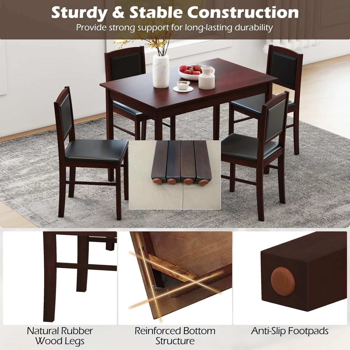 Giantex 5-Piece Dining Table Set for 4 - Breakfast Nook Table Set with Kitchen Table, 4 Upholstered Chairs, Wood Legs, Space-Saving Dinette Set, Kitchen Table Chairs Set of 4 (Cherry Brown)