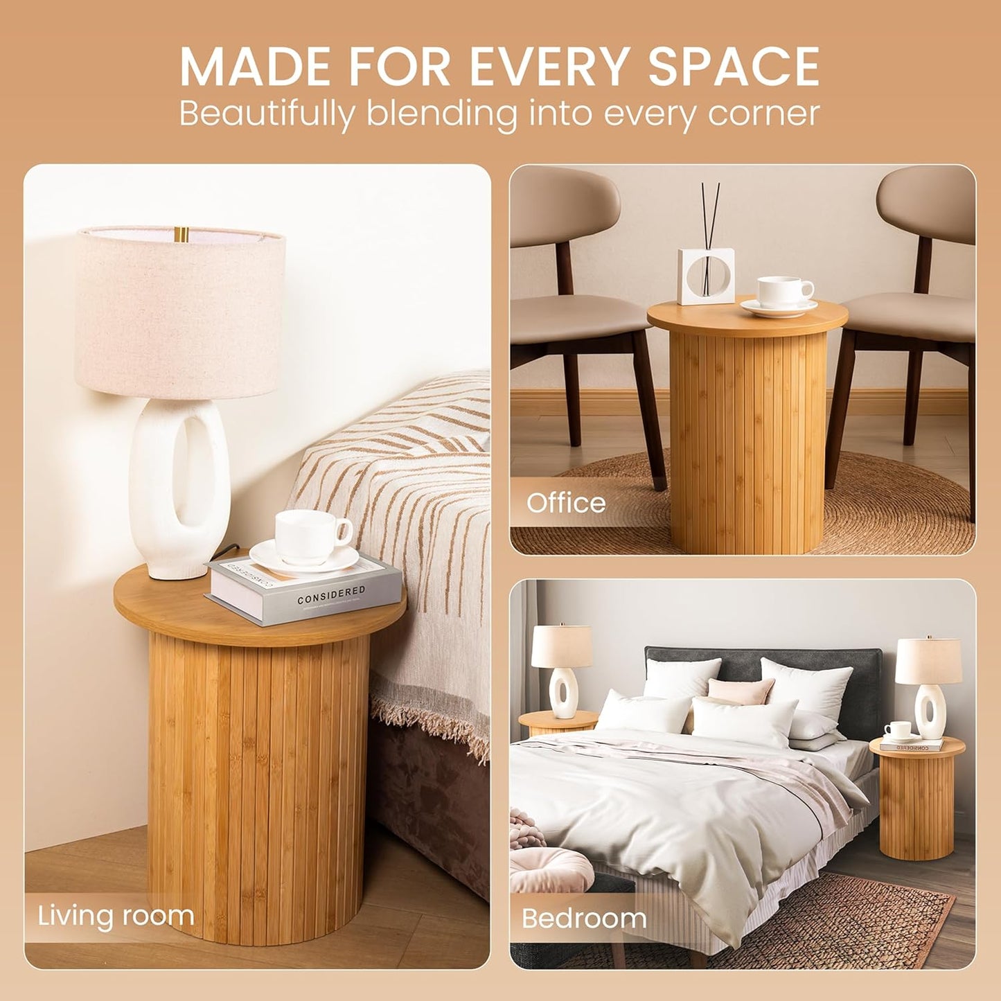 Handcrafted Round Fluted Pedestal End Table with Natural Wood Grain & Bamboo Base – Round Side Table, Coffee Table, Drink Table, Bedside Table for Bedroom, Living Room - 15.7” x 17.8” x 12”