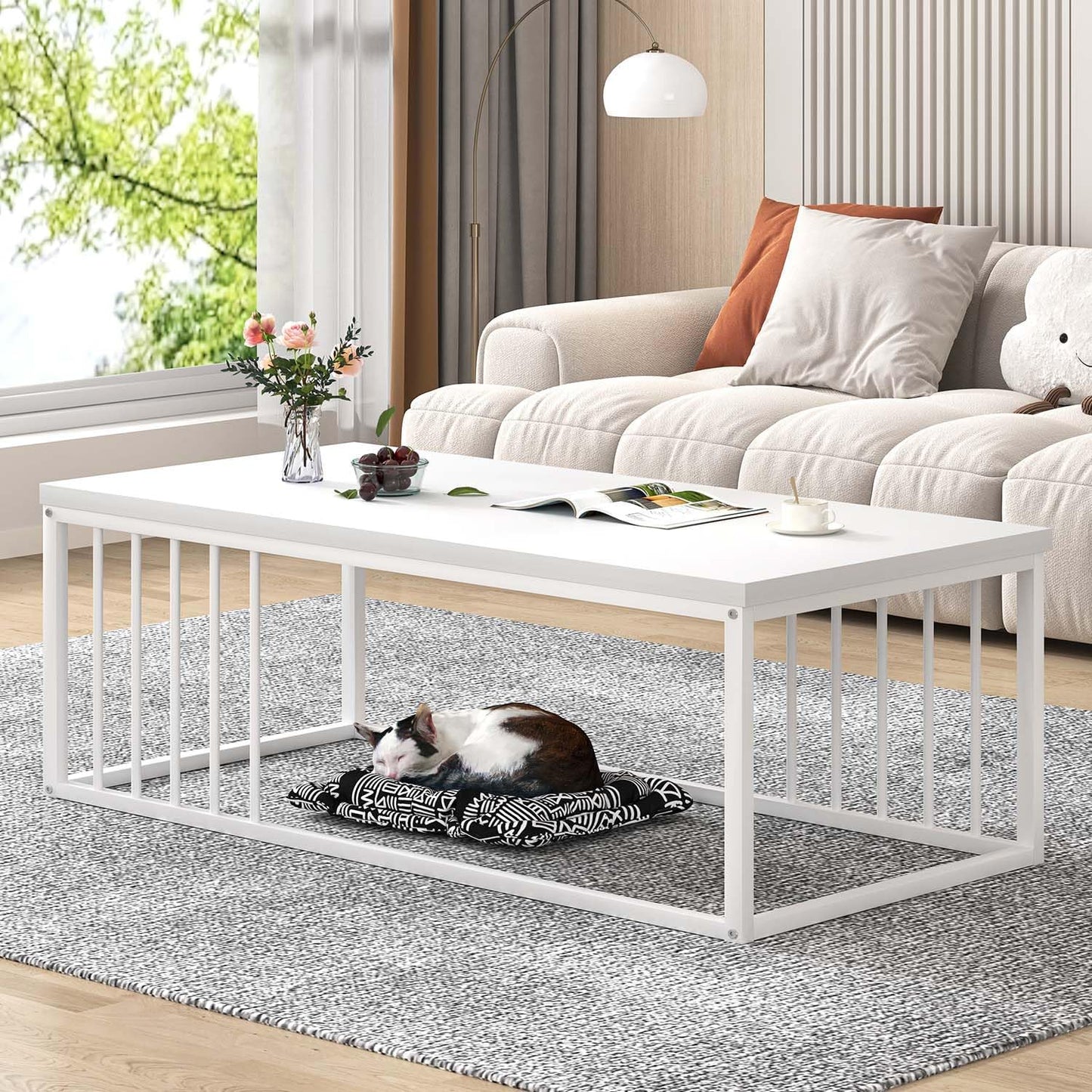 FOLUBAN White Coffee Table, Modern Rustic Wood and Metal Center Table, Industrial Rectangle Cocktail Tea Table for Living Room, White, 43.3 Inch