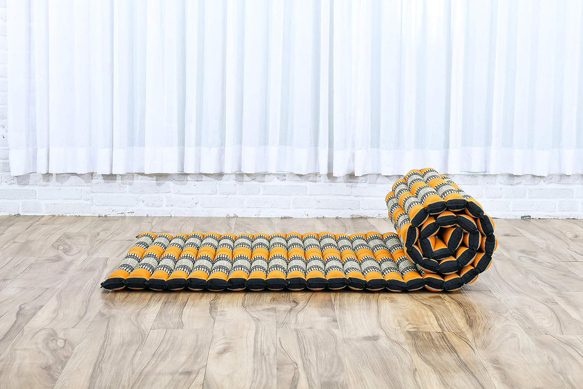 Leewadee - Foldable Floor Mattress - Japanese Roll Up Futon -Trifold Tatami Mat- Guest Floor Bed - Camping Mattress - Thai Massage Mat, Kapok Filled, 75 x 28 inches, Black Orange