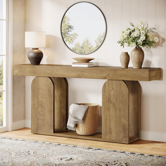 Tribesigns 70.9-Inch Extra Long Sofa Table, Farmhouse Console Tables with Wood Frame and Storage Shelf, 2-Tier Wood Table Behind Couch for Living Room, Hallway, Foyer, Light Brown