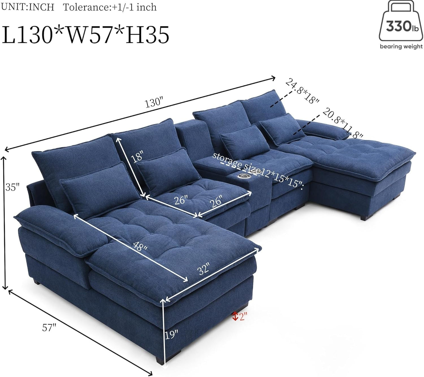 130" U-Shaped Sectional Sofa with Storage Console & Cup Holders, Upholstered 6 Seat Living Room Sleeper Couch Furniture Set w/Chaise, Cloud Cushion Couch for Home, Office, Apartment,Blue