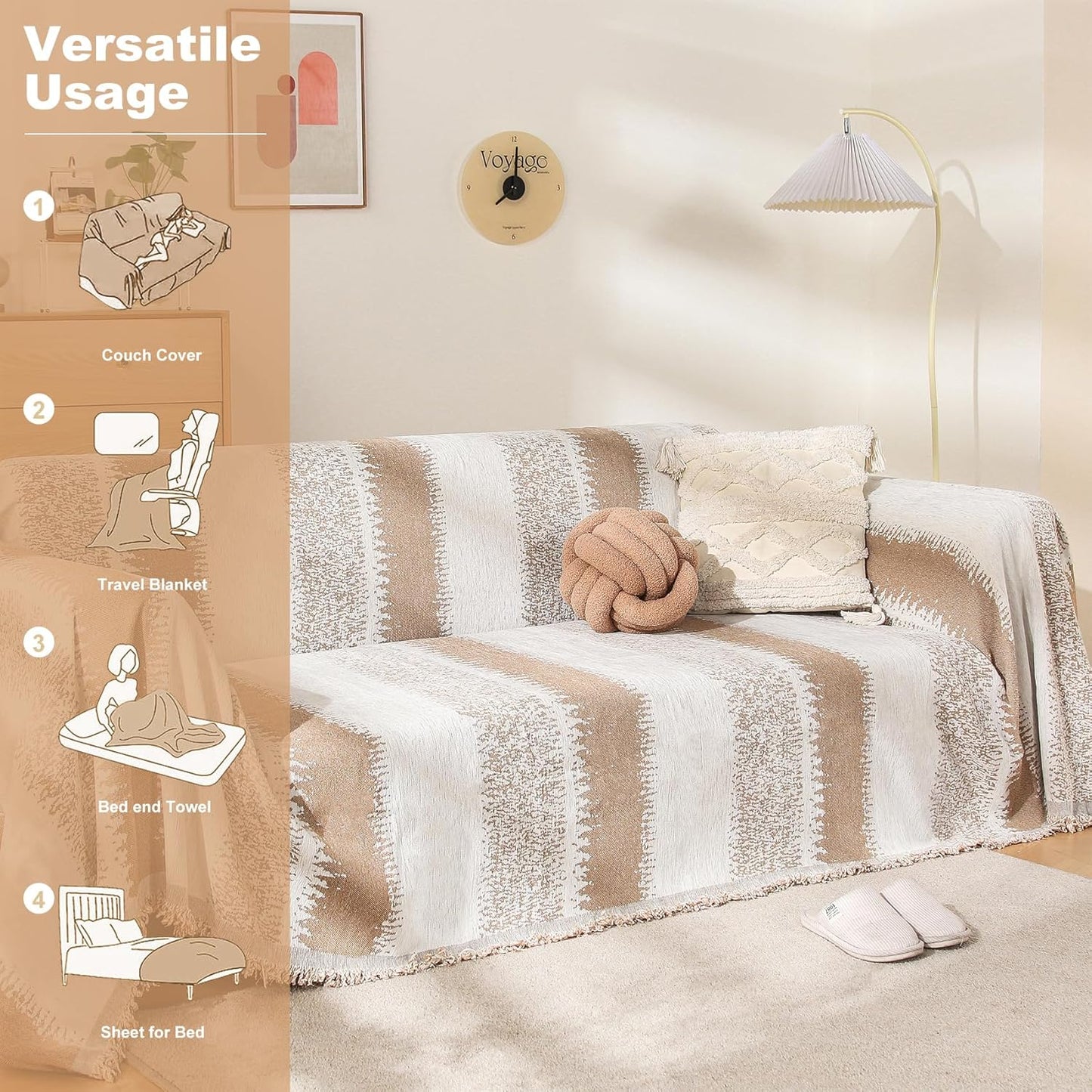 Boho Sofa Cover, Couch Covers for 3 Cushion Couch Sofa Pet Friendly, Sofa Cover Washable, Soft Chenille Living Room Couch Covers Slipcover, Pet Furniture Protecto (1# Khaki, 71" x 150")