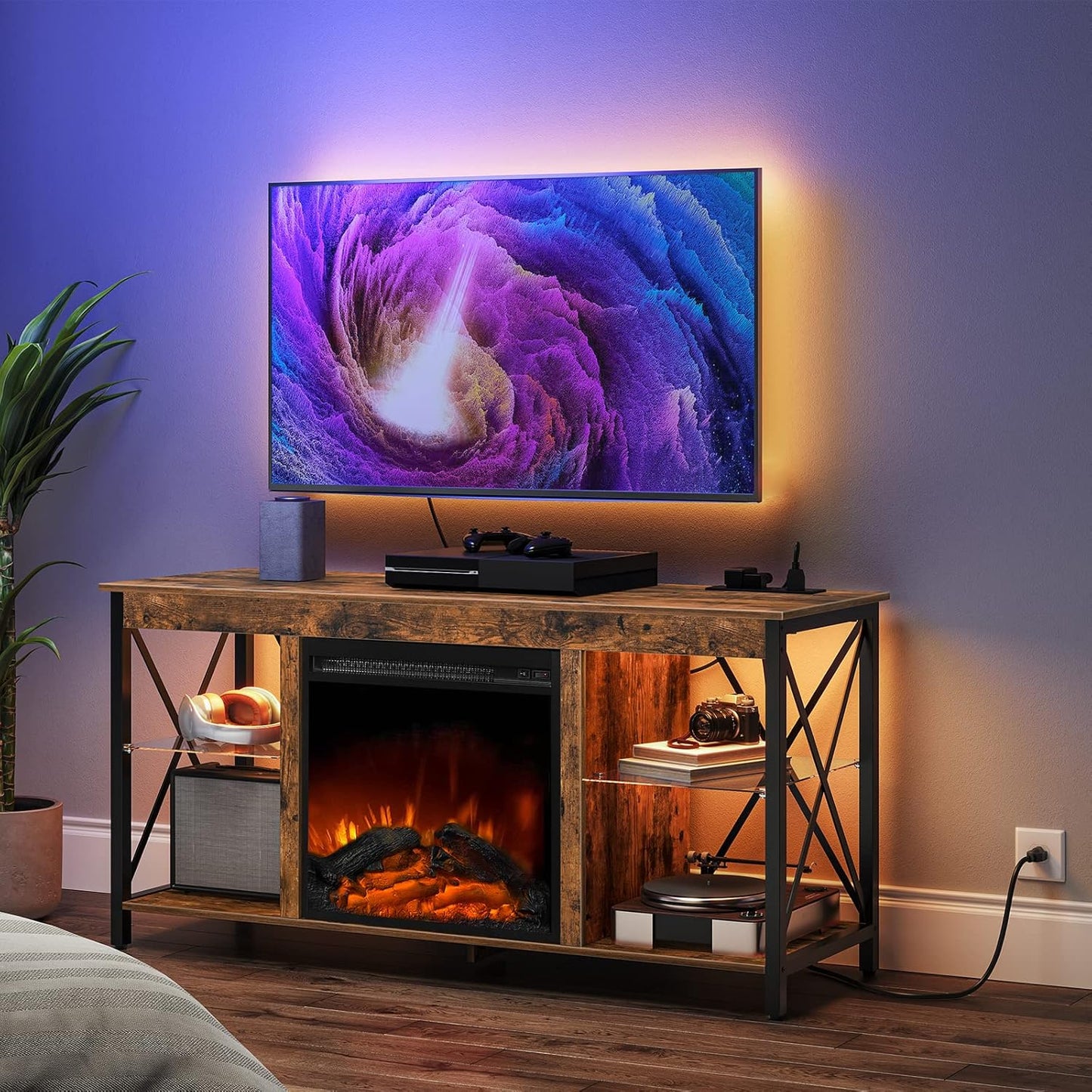 HOOBRO Fireplace TV Stand with Charging Station and LED Lights, TV Stand with Fireplace for TVs up to 55", Entertainment Center with Fireplace, Glass Shelves, Rustic Brown and Black BF120UDDS01