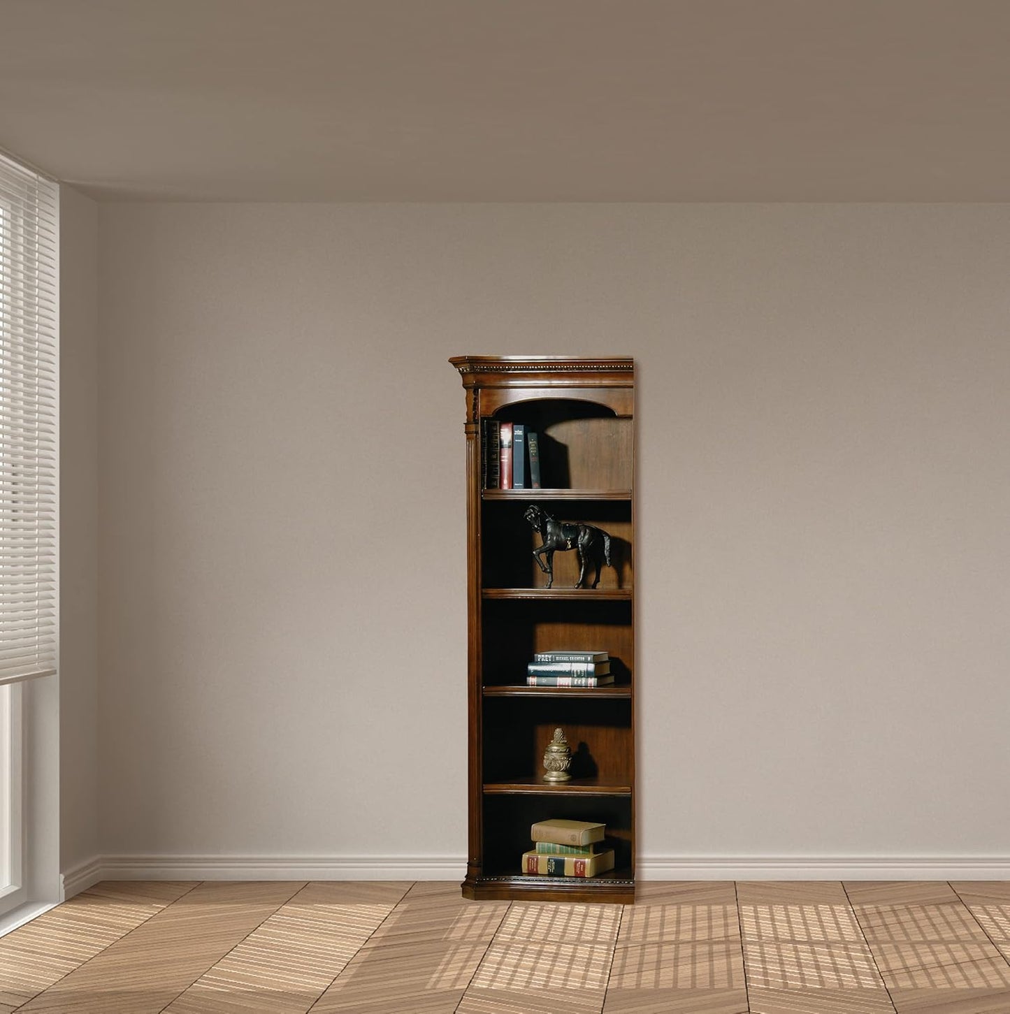 Hekman Old World Walnut Burl Executive Left Bookcase - Wood Bookshelf, 5 Shelf Bookcase, 3 Adjustable Wood Shelves, Wooden Finish, Case Levelers - Home, Library, Bedroom, and Living Room Furniture