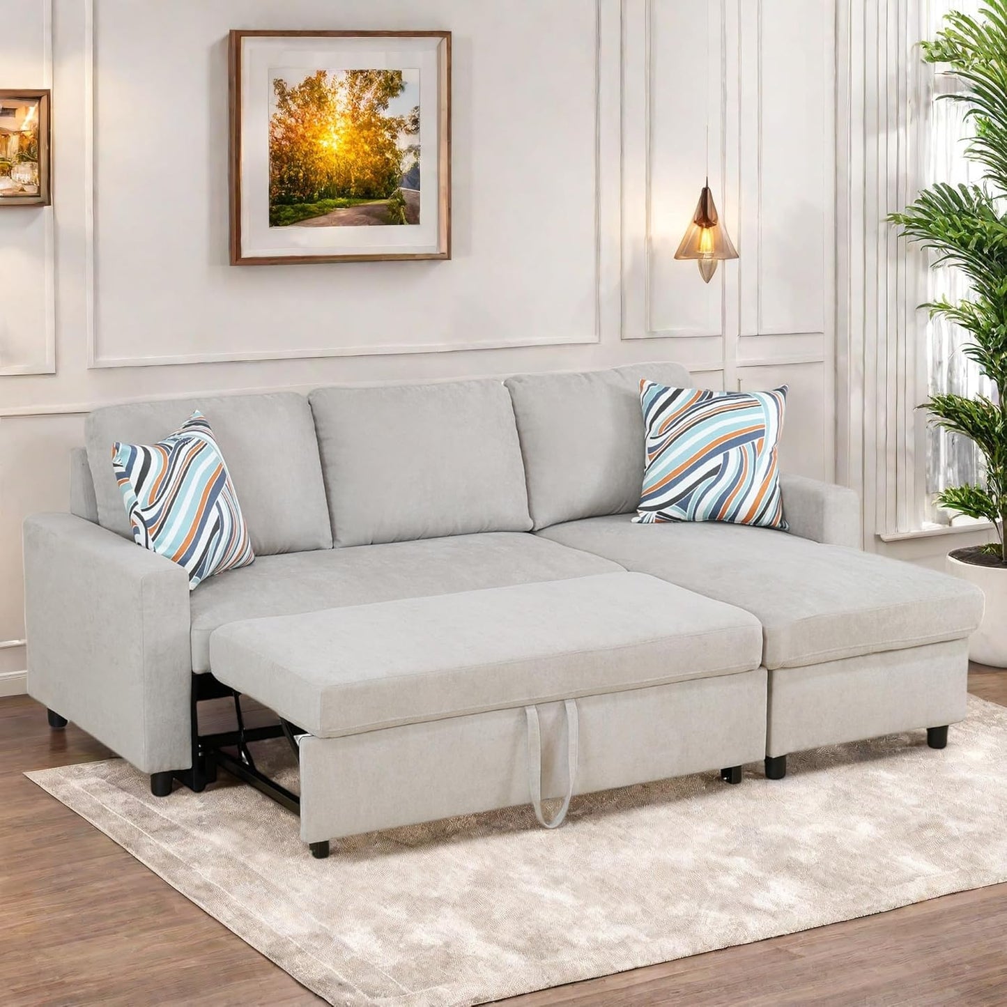 Sofa Bed Pull Out Couch, Convertible L Shaped Sleeper Sofa with Storage Chaise, Modern Lounge Small Sectional Couches for Living Room Small Spaces, Grey