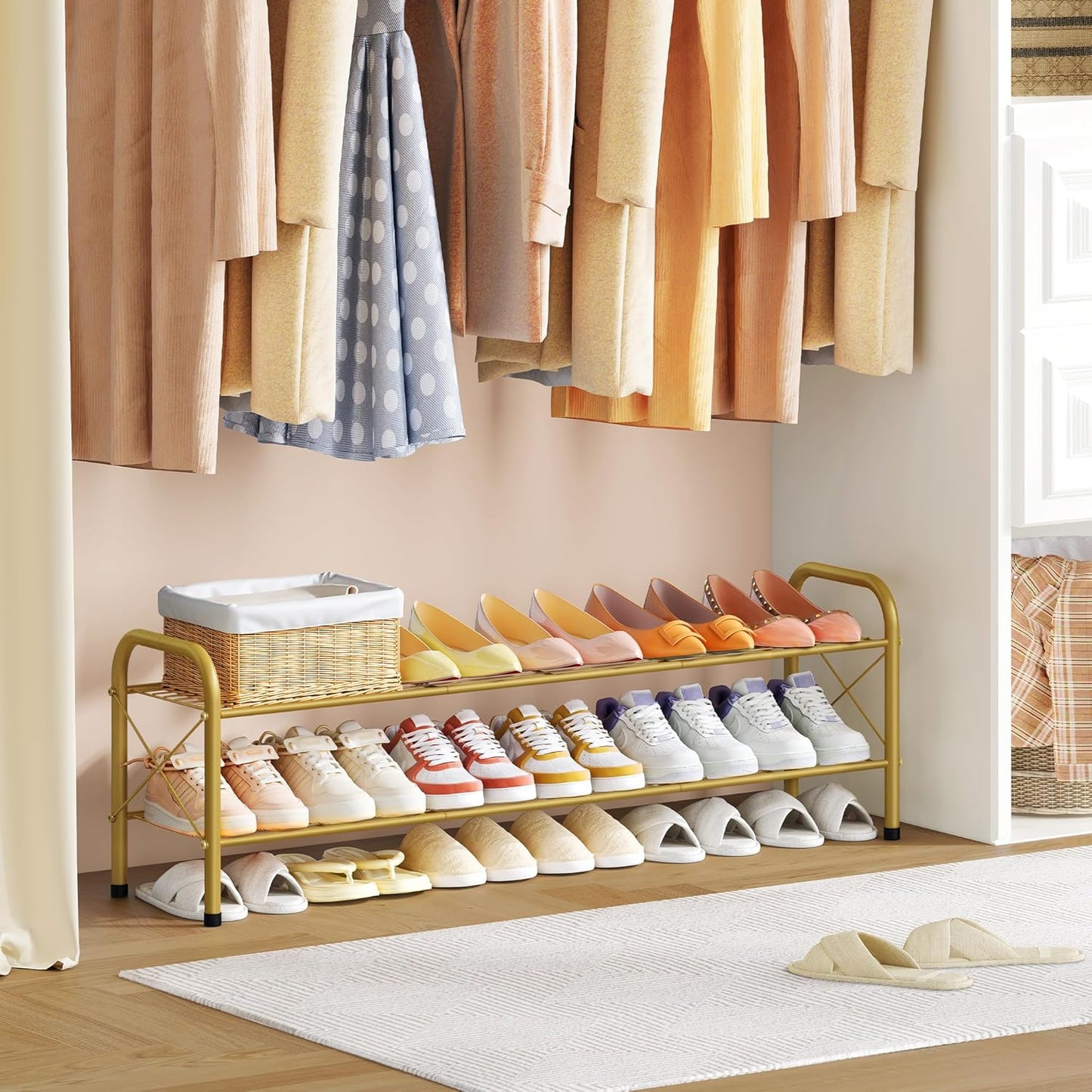 Hoctieon 2 Tier Shoe Rack for Closet, Durable Mesh Style Shoe Rack, Entryway Shoe Shelf, Shoe Storage Organizer for Hallway, Bedroom, Living Room, Wardrobe, Gold