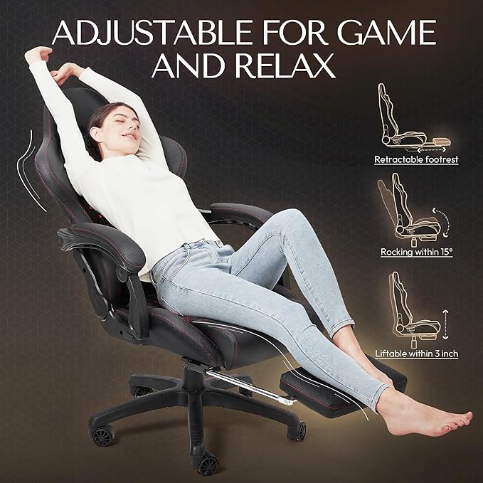 Dowinx Gaming Chair Big and Tall, Ergonomic PC Gaming Chair with Footrest & Massage, Racing Style Reclining Computer Chair for Adults, 400LBS Capacity - Heavy Duty Gamer Chair, Black