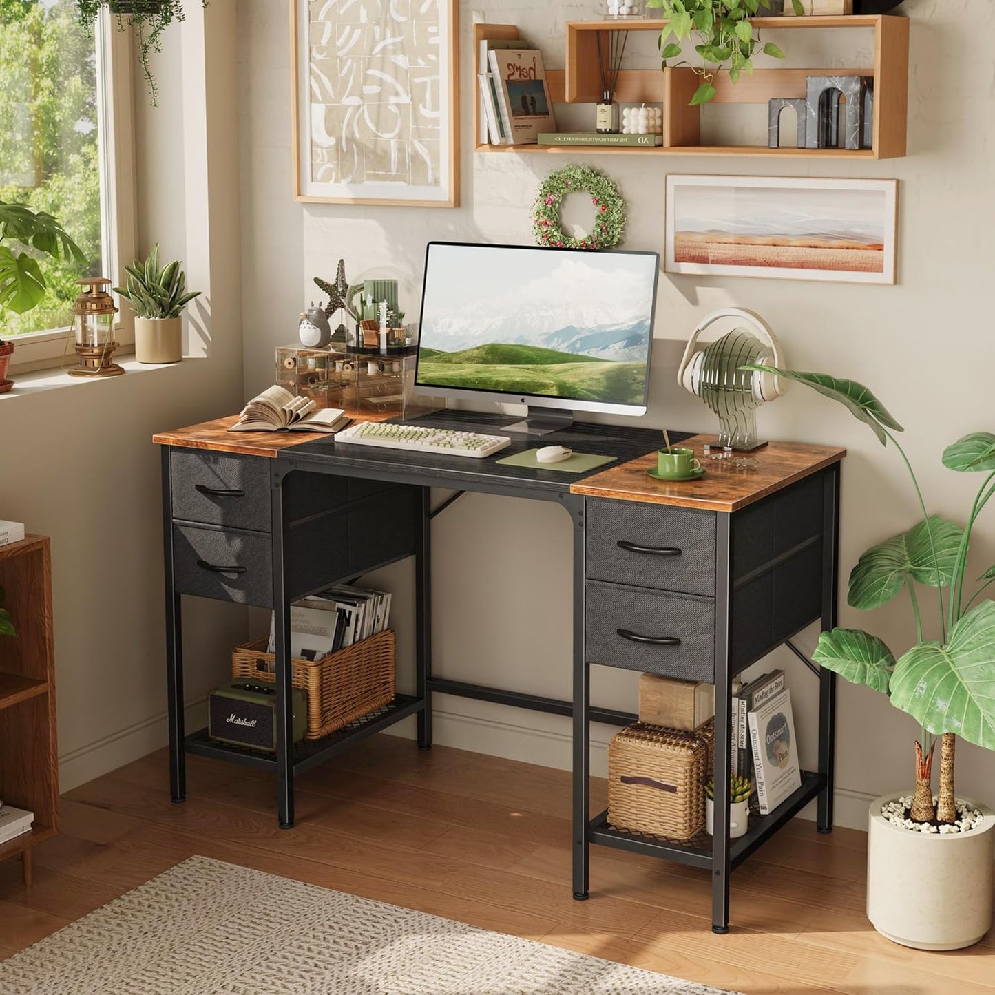 Huuger 47 Inch Computer Desk with 4 Drawers, Office Desk with Mesh Shelf, Gaming Desk, Large Storage, Writing Work Desk for Home Office, Study, Bedroom, Work from Home, Rustic Brown and Black