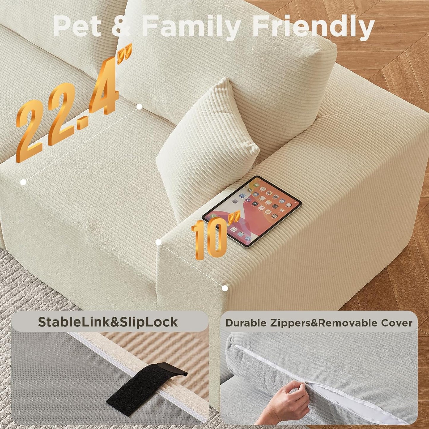 INGEROOM 108" Cloud Sectional Couch, Modular Sectional Sofa with L-Shaped Chaise, Modern Plush Corduroy Couch for Living Room Bedroom, No Assembly Required, Deep Seating（Beige）