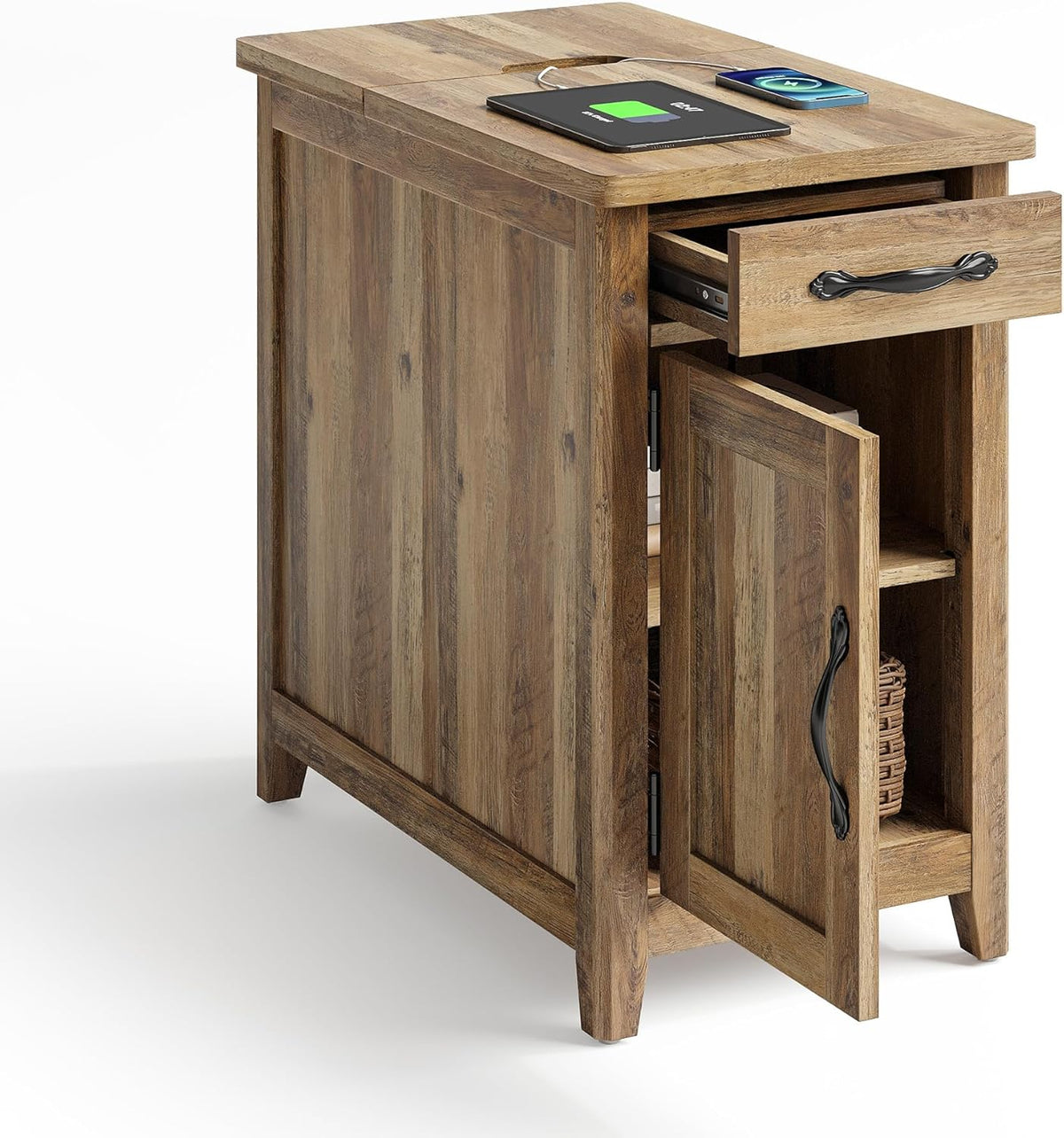 LINSY HOME Farmhouse End Table with Charging Station, Narrow Side Table for Living Room, Sofa Side Table with Drawer and Storage Cabinet, Small Nightstand for Home Office