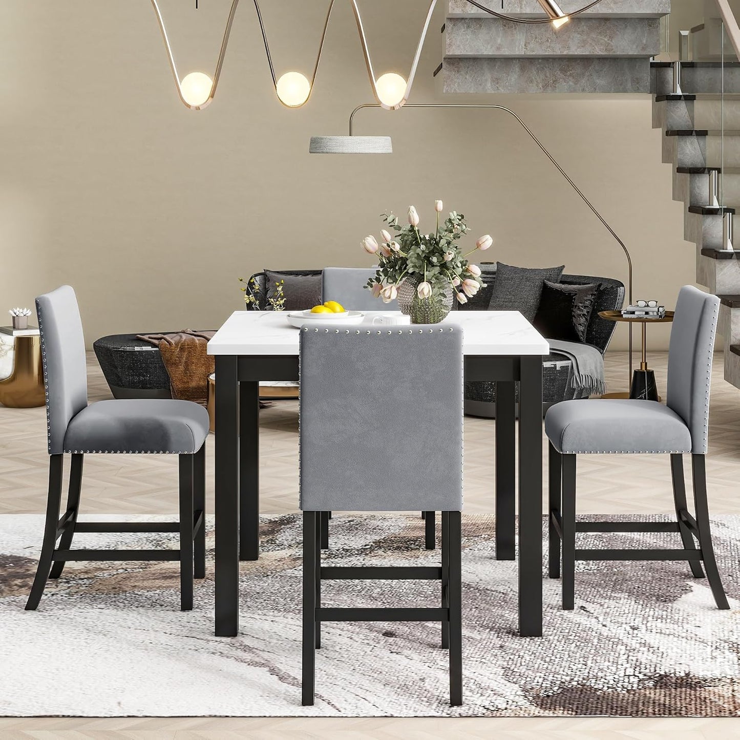 5 Pieces Dining Table Set with 35" Rectangle Faux Marble Top Table,Living Room Furniture W/ 4 Velvet-Upholstered Chairs,for Restaurant,Home Bistro,Gray