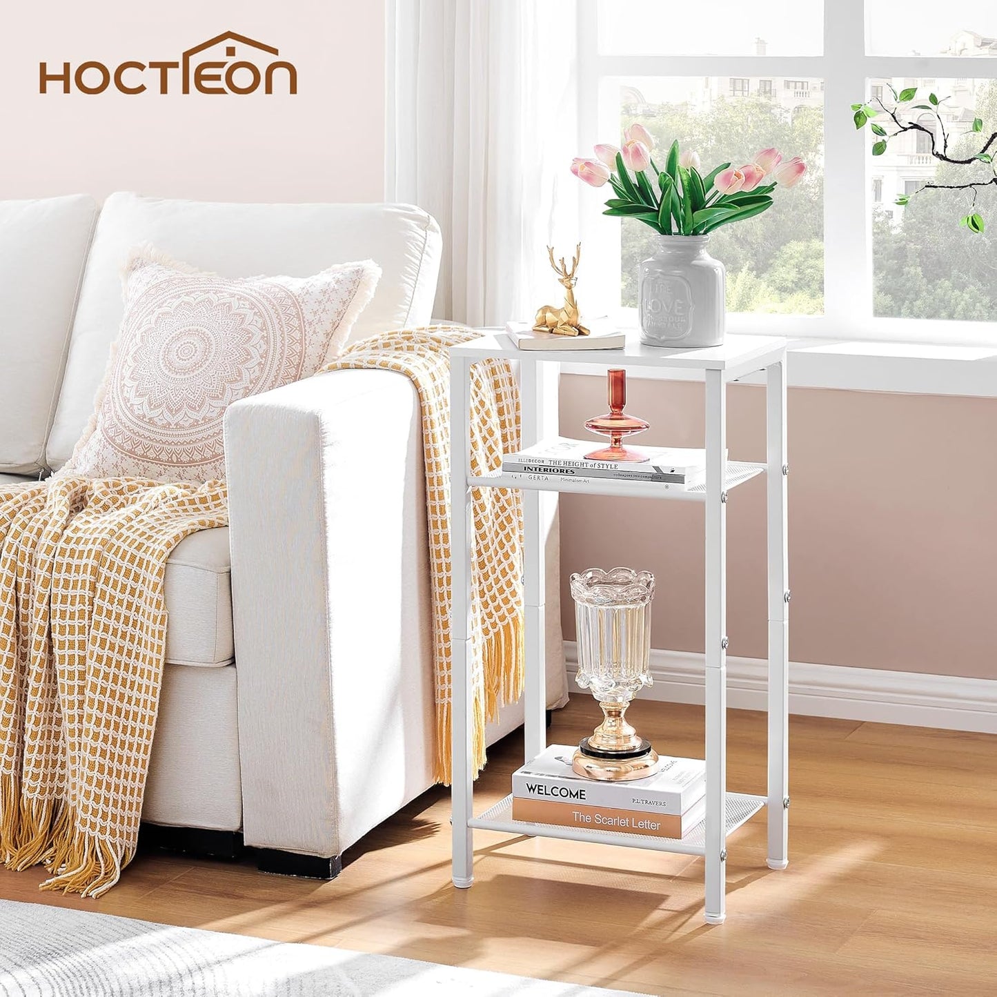 Hoctieon 3 Tier End Table, Telephone Table, Narrow Side Table with Storage, Nightstand for Small Spaces, Metal Frame, for Living Room, Bedroom, Sofa Couch, Hall, Easy Assembly, White