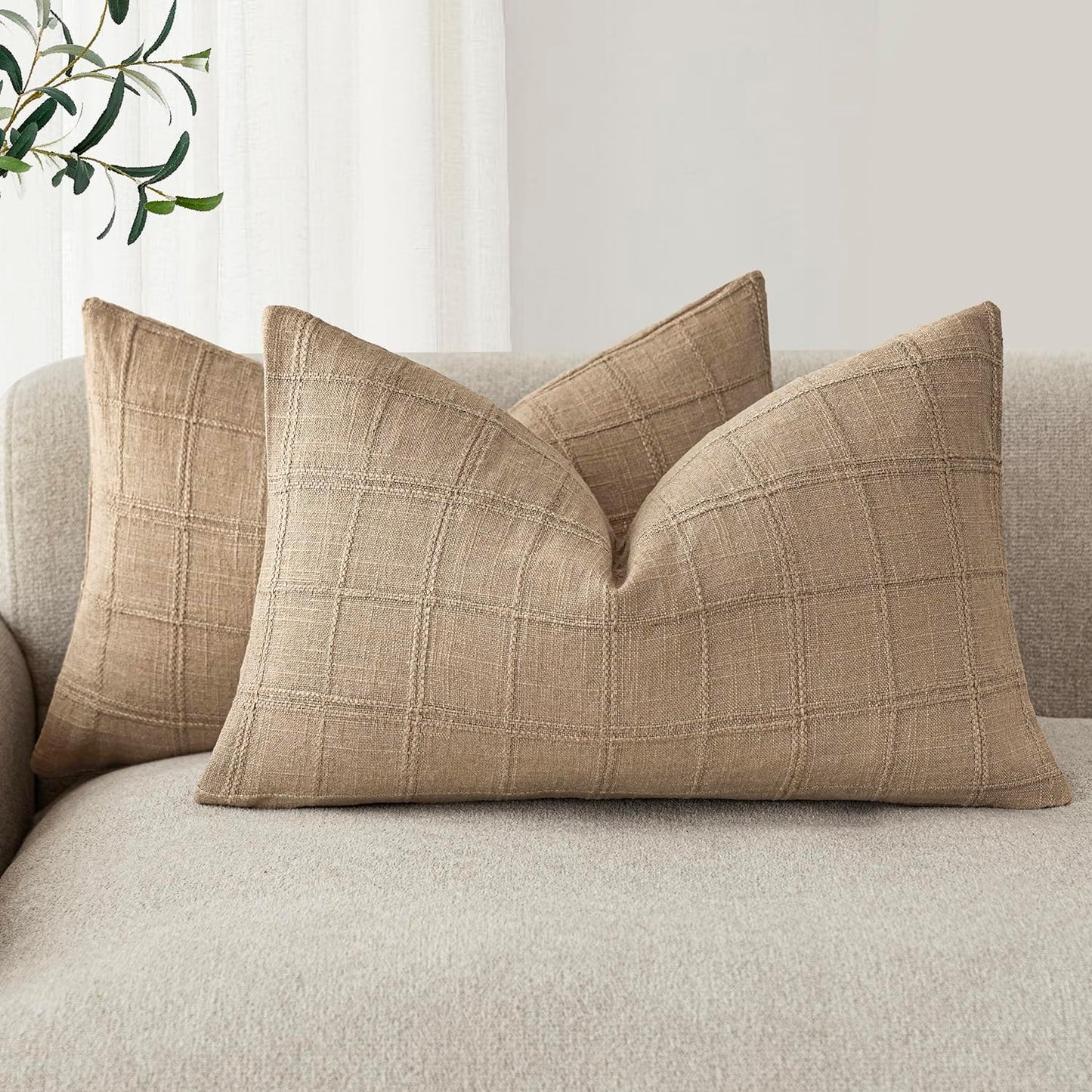 Foindtower Set of 2 Decorative Linen Check Throw Pillow Covers Neutral Farmhouse Lumbar Cushion Covers Modern Coastal Boho Home Decor for Sofa Chair Couch Bedroom Living Room Outdoor,12×20 Inch,Camel