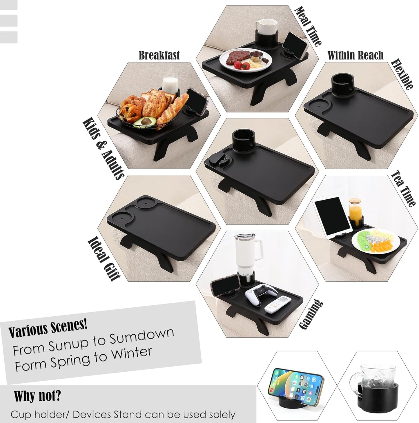 Nnewvante Couch Cup Holder,3 in 1 Large 15.36"x9.85" Bamboo Couch Arm Table Sofa Arm Clip on TV Tray Table with 360°Rotated Phone/Cup Holder, Black