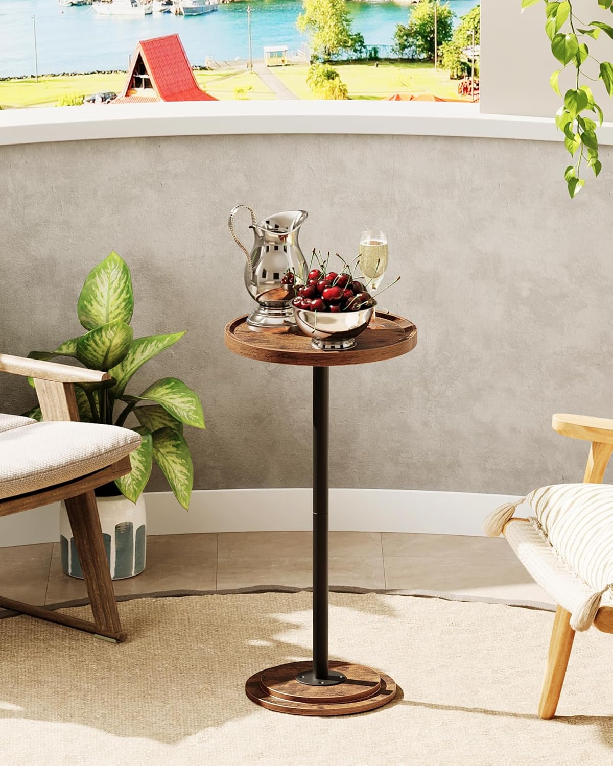 Small Round Side Table, Drink Table for Small Spaces, Pedestal Cocktail Table, Thickened Base, for Living Room, Bedroom, Office, Rustic Brown and Black TBZ30BF