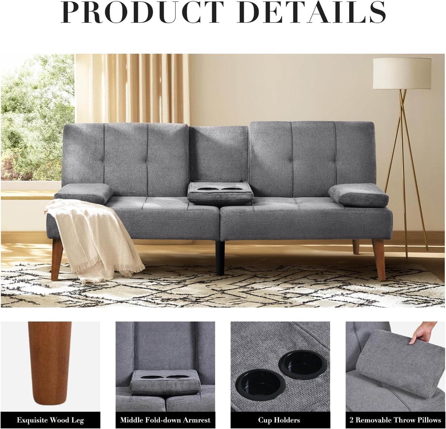 COLAMY Futon Sofa Bed-Fabric Small Couch, Small Lounge Convertible with 2 Cup Holders, Removable Soft Armrest, Adjustable Backrest for Dorm/Bedroom/College
