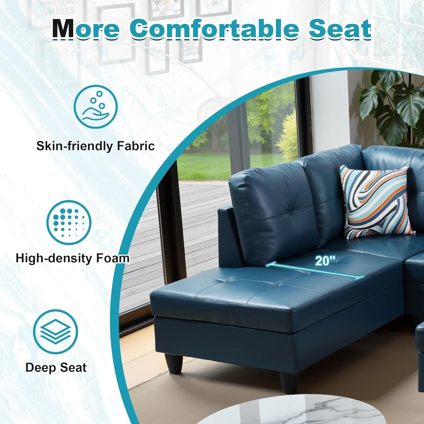 103.5" Oversized Sectional Couch, L Shaped Couch with Storage Ottoman, Modern Modular Sofa with Deep Seat, Sectional Couches for Living Room and Office, Peacock Blue (PU Leather)