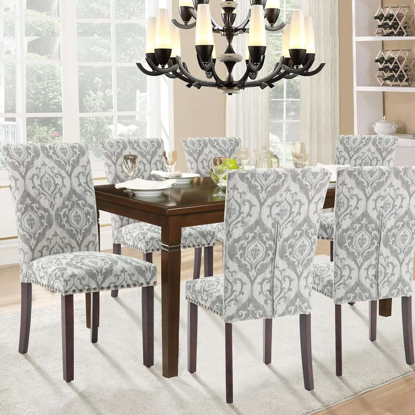 Parsons Dining Chairs Set of 4, Upholstered Nailhead Dining Room Kitchen Side Chair with Thick Cushions and Wood Legs, White/Grey