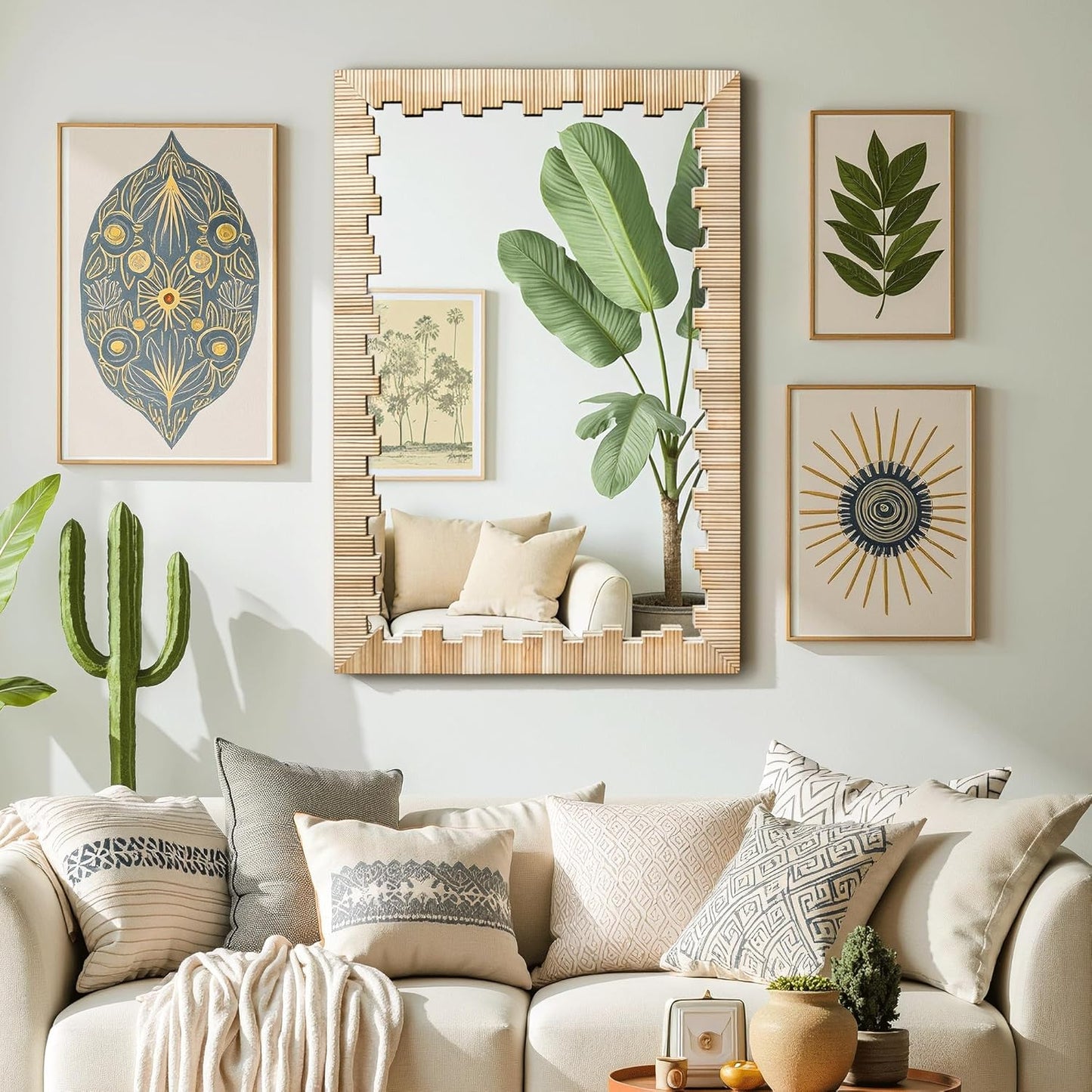 Boho Wall Mirror with Wood Frame, 30"x20" Faux Rattan Decorative Vanity Mirror for Bathroom, Living Room, Bedroom, Entryway(Rectangle)