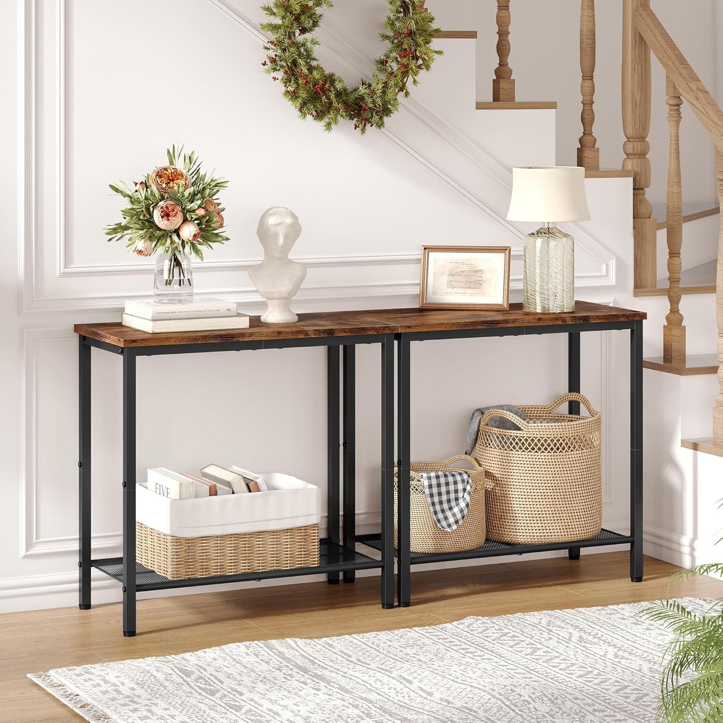 Hoctieon 2 Tier End Table, Sofa Side Table, Narrow Side Table with Storage, Slim Nightstand for Small Spaces, Metal Frame, for Living Room, Bedroom, Sofa Couch, Hall, Rustic Brown, 2 Set