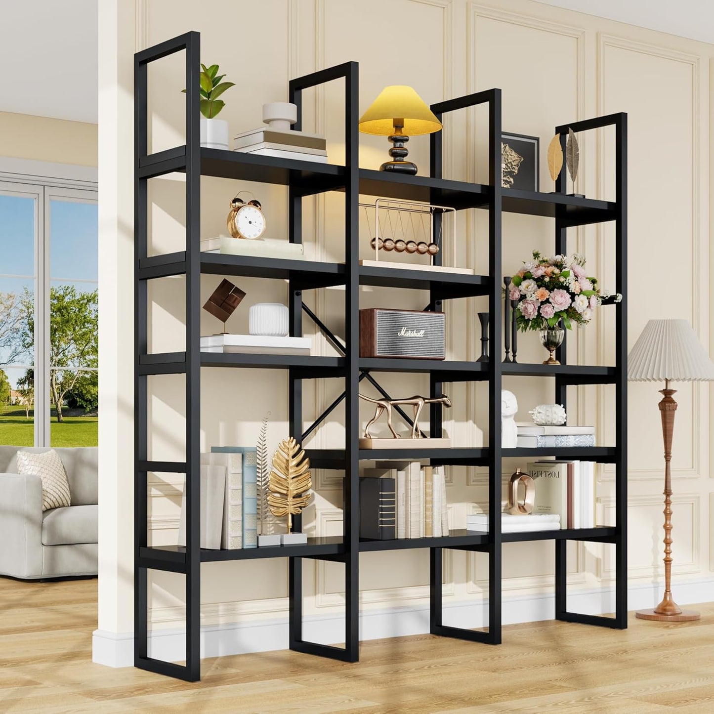 Semoic Large Bookshelf 5 Tiers, Triple Wide Geometric Bookcase, 71 Inches Tall Industrial Book Shelves Etagere Book Case, Sturdy Metal Frame, Freestanding Display Shelving Unit (Black)