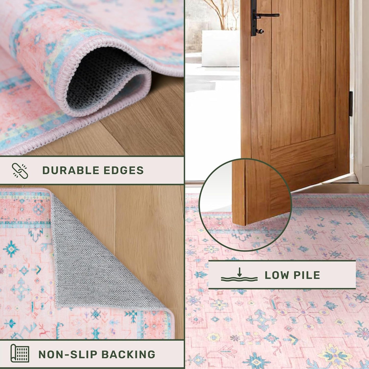 Pink and Blue Washable 5x8 Living Room Rugs, Boho Aethestic Oushak Vintage Area Rug for Bedroom Girls Kids Playroom Nursery Room, Non-Slip Rubber Backing Stain Resistant