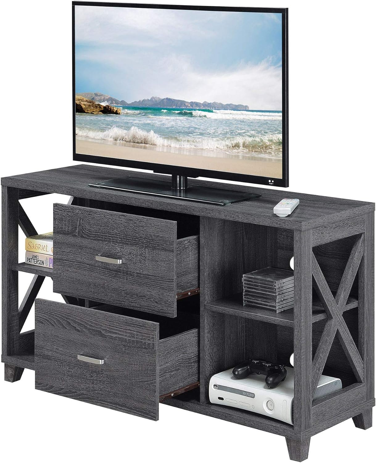 Convenience Concepts Oxford Deluxe 2 Drawer TV Stand with Shelves for TVs up to 55 Inches, Weathered Gray