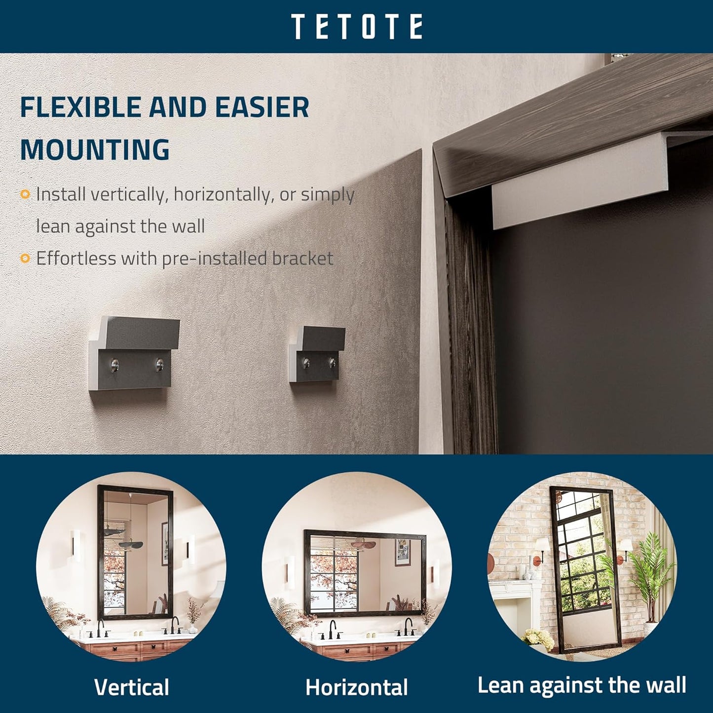 TETOTE 72 x 36 Black Wood Mirror for Bathroom Wall/Bedroom/Living Room/Entryway Farmhouse Rustic Bathroom Vanity Mirror Waterproof (Horizontal/Vertical Mounted)