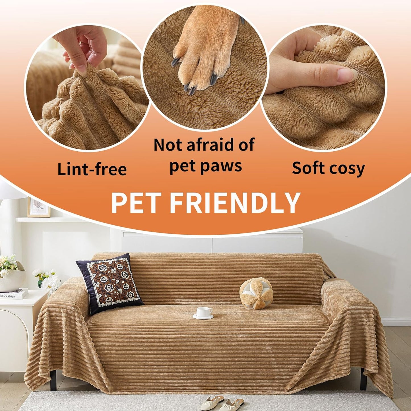 HAOMAIJIA Faux Fur Sofa Covers Couch Covers for 3 Cushion Couch Sofa Pet Friendly Soft Non Slip Couch Cover for Dogs Washable Sectional Couch Covers L Shape Furniture Protector (Khaki, 91"x134")