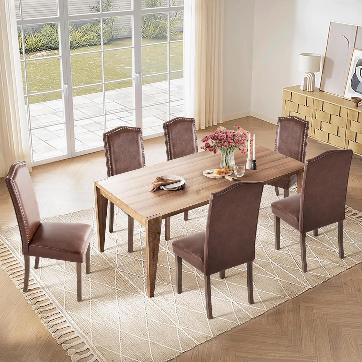 Stylish Upholstered Parsons Dining Chair PU Faux Leather with Silver Nailhead Trim and Sturdy Solid Wood Legs