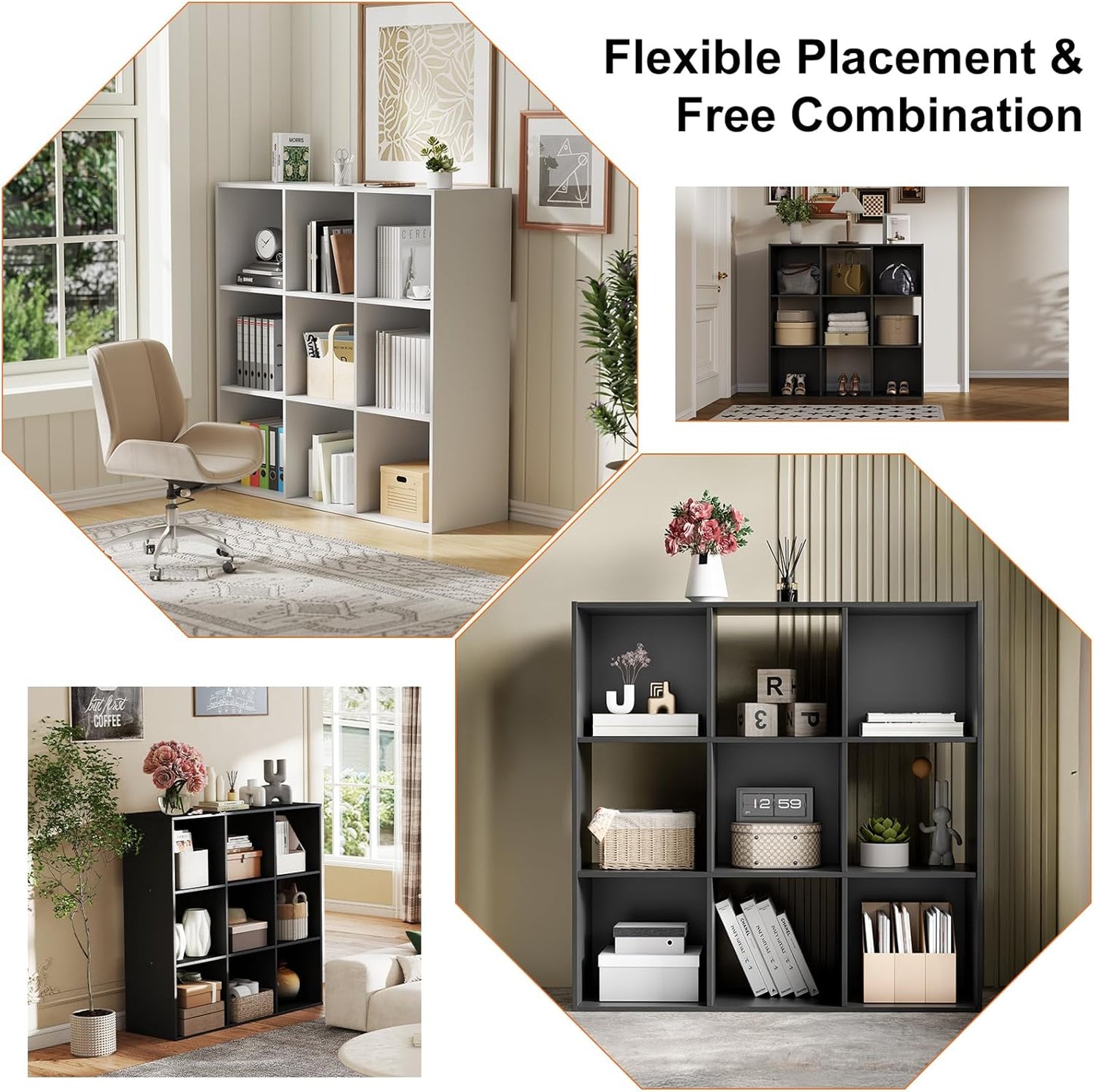 Sweetcrispy 9 Cube Storage Organizer - Open Cube Bookshelf with 5 Removable Back Panels, Display Storage Bookcase for Living Room, Bedroom, Entrance Hall, Home Office，36" L×11.6" W×36" H, Black