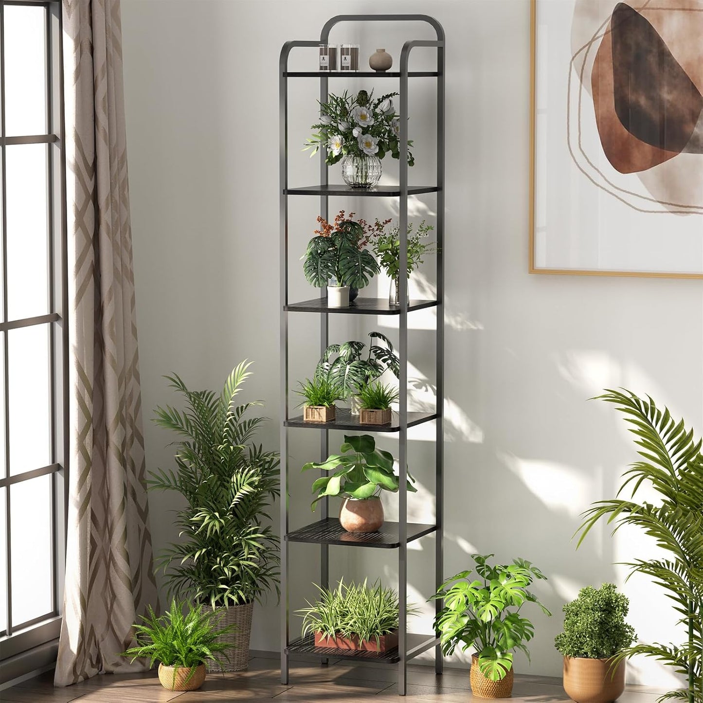 Book Shelf, 6 Tier Bookshelf, Bookcase with 6 Shelves, Storage Rack Organizer, Corner Wood Storage Shelf with Metal Frame for Bedroom, Living Room, Black