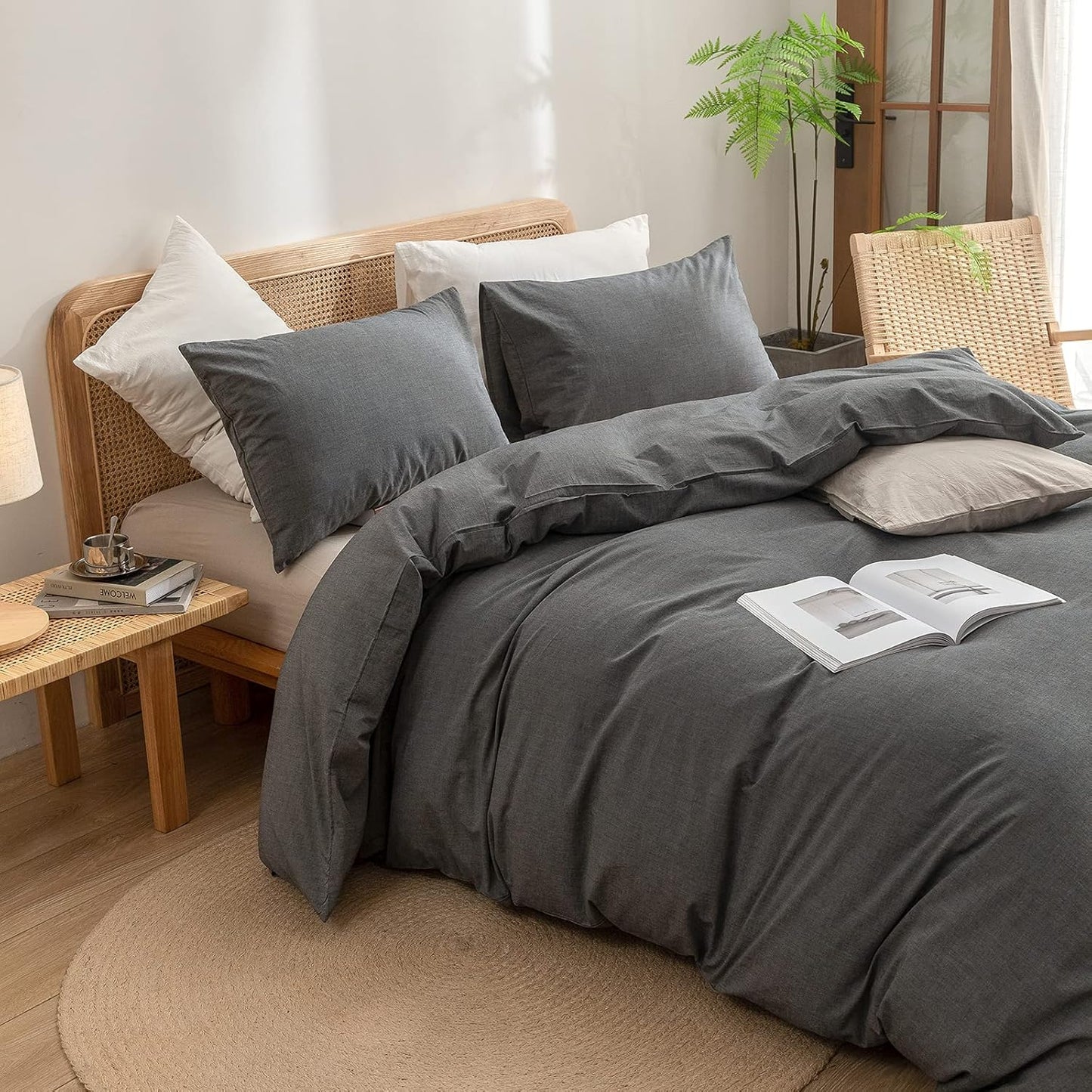 BESTOUCH Duvet Cover Set 100% Washed Cotton Linen Feel Super Soft Comfortable Chic Lightweight 3 PCs Home Bedding Set Solid Dark Grey Super Queen