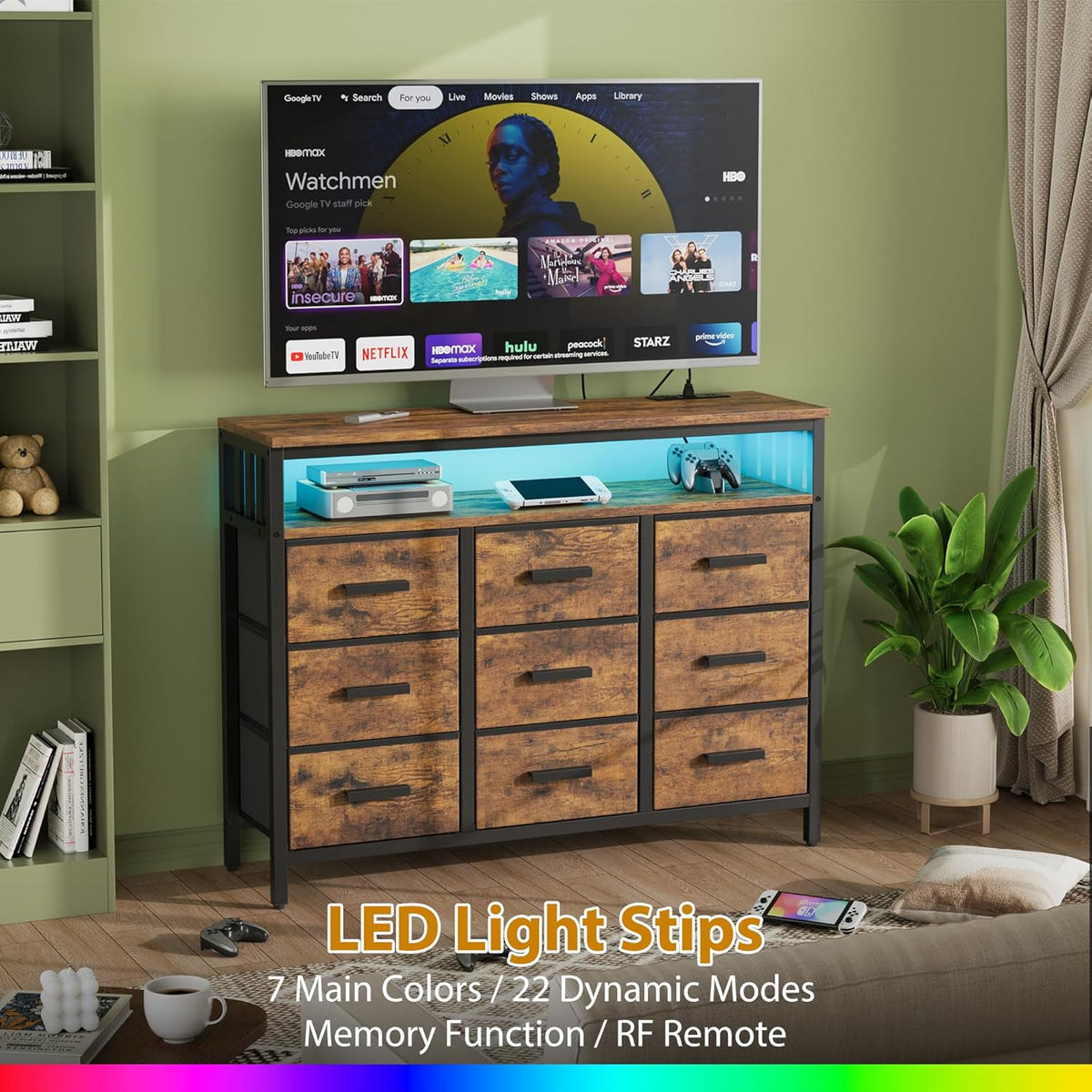9 Drawer Dresser TV Stand up to for 50” TV with LED Lights & Power Outlets, Entertainment Center with Open Shelf, Media Console, Large Storage Dresser for Bedroom (Rustic Brown)
