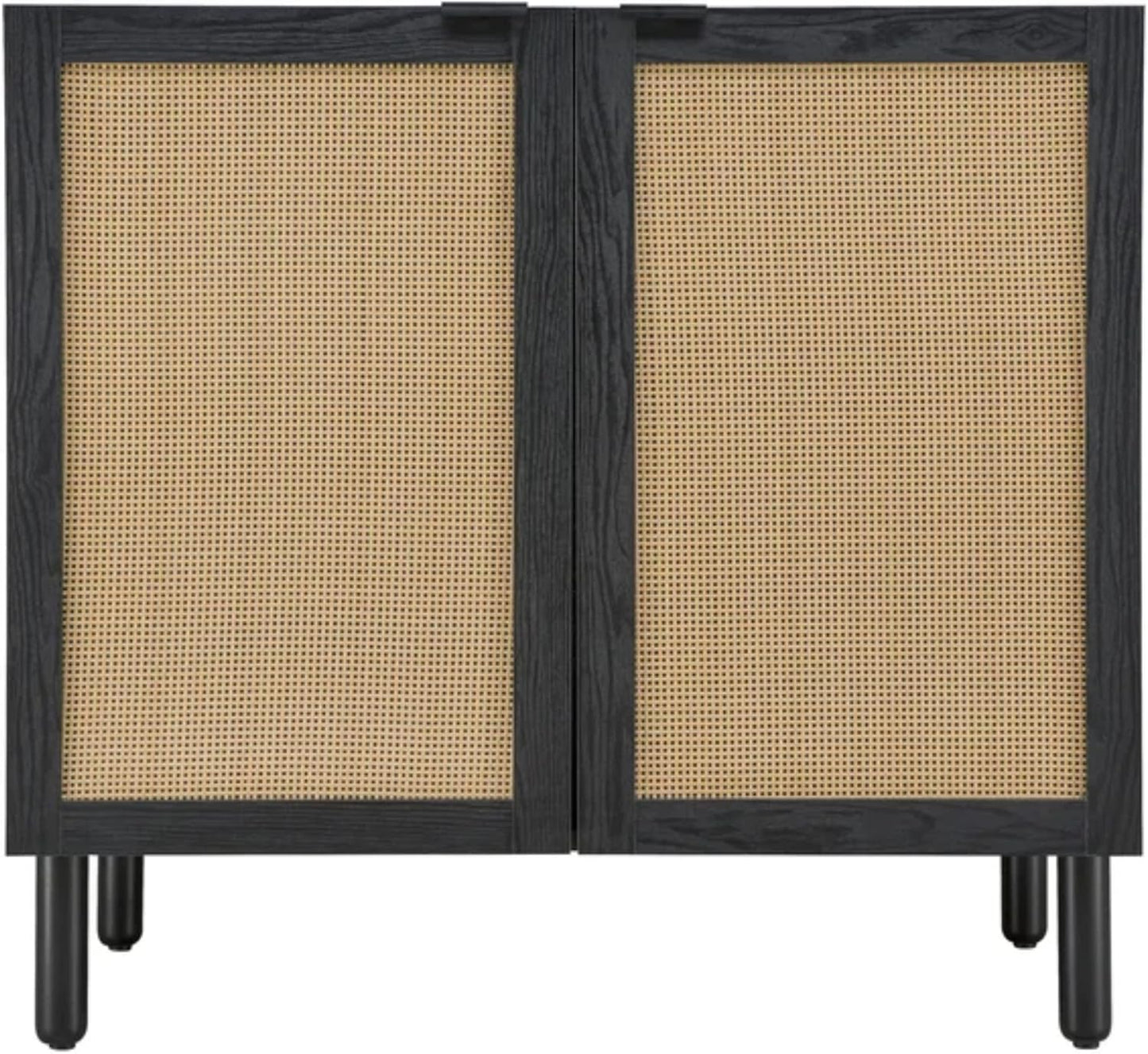 Sango Orre 2-Door Cabinet, Modern Black Storage Cabinet with Synthetic Rattan Door Panels, Adjustable Shelf, Cylindrical Wood Legs, Discreet Finger Pulls, Elegant Furniture for Living or Dining Room