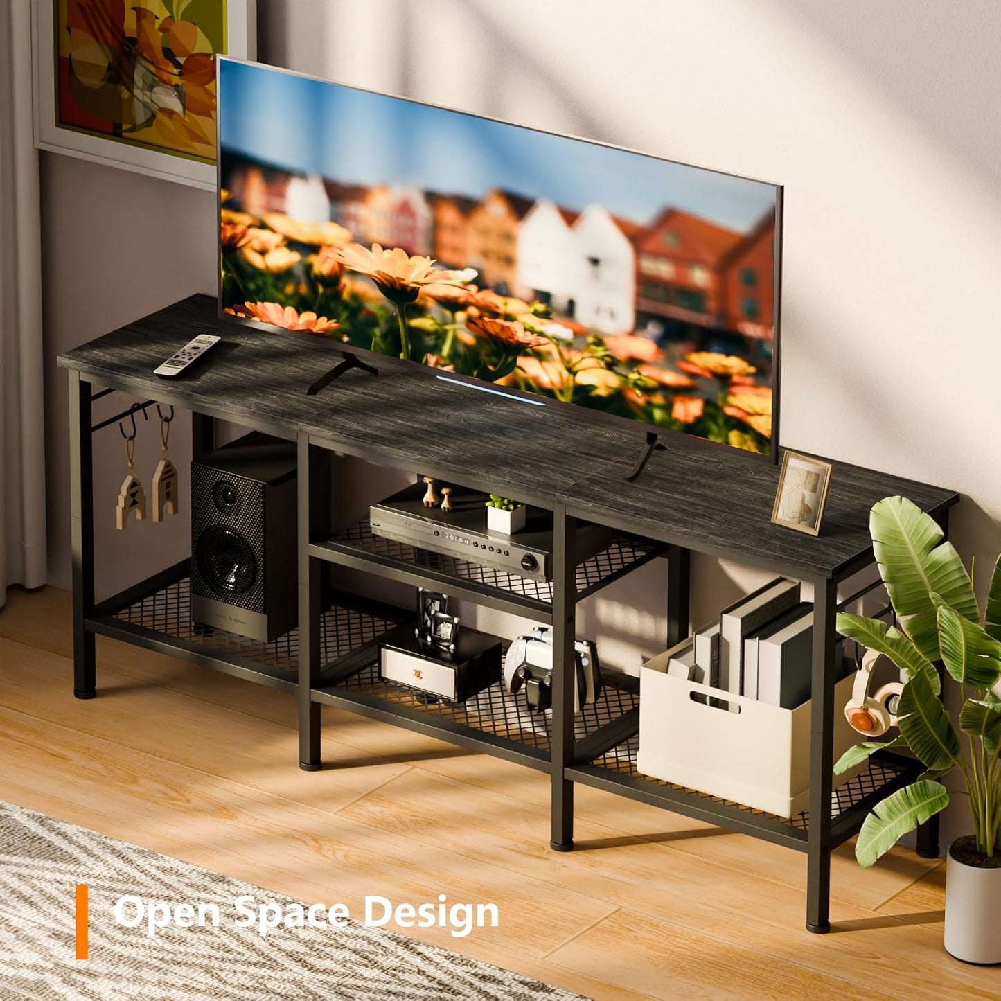 Furologee TV Stand for TVs up to 55 Inch, Entertainment Center with Open Storage Shelves, Media Console Table with Soundbar Shelf for Living Room, Bedroom, Black Oak