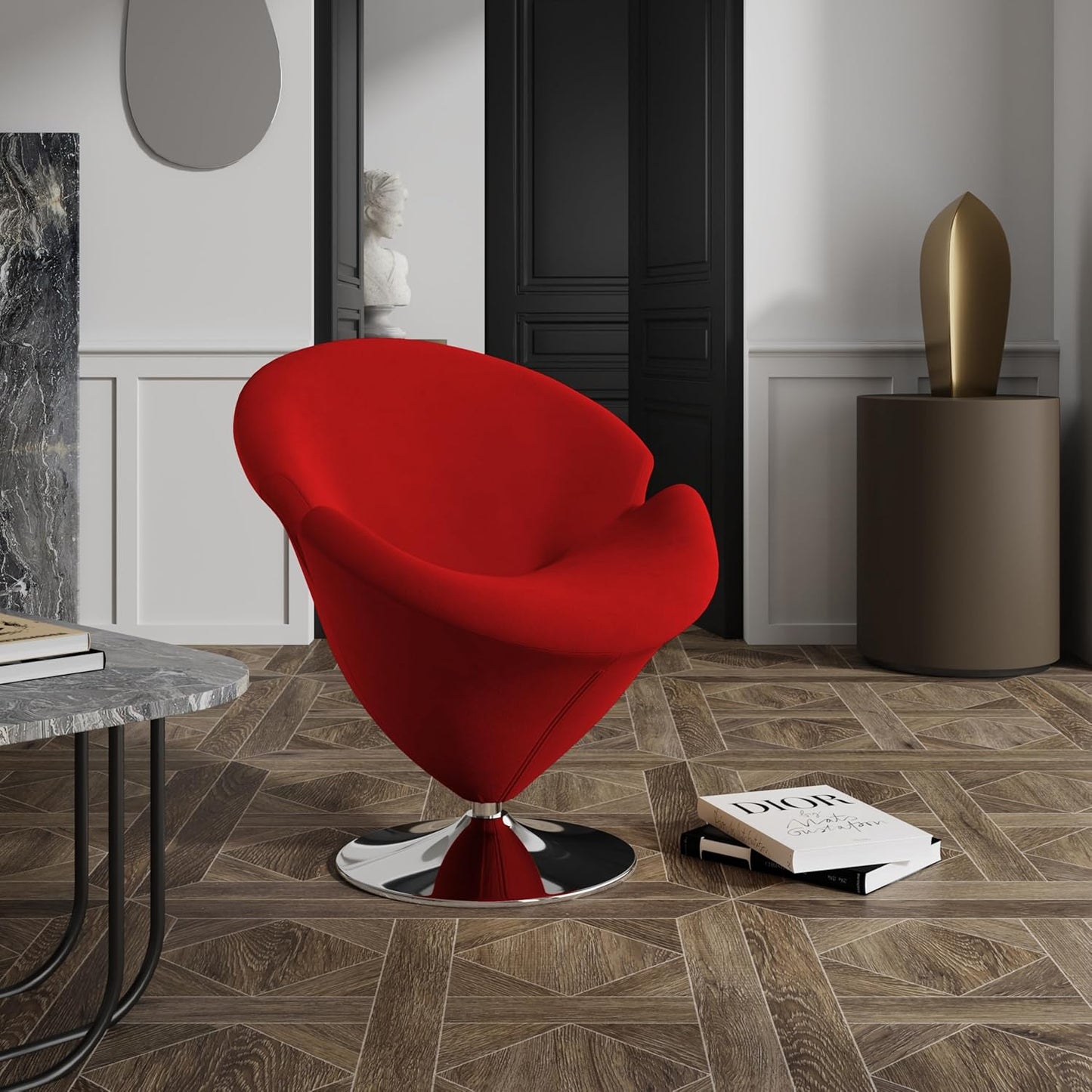 Manhattan Comfort Tulip Swivel Accent Chair with 360° Turn, Modern Flower Inspired Design, Soft Velvet Upholstery, Polished Chrome Base, No Assembly Required, 300 Lbs Capacity, Red