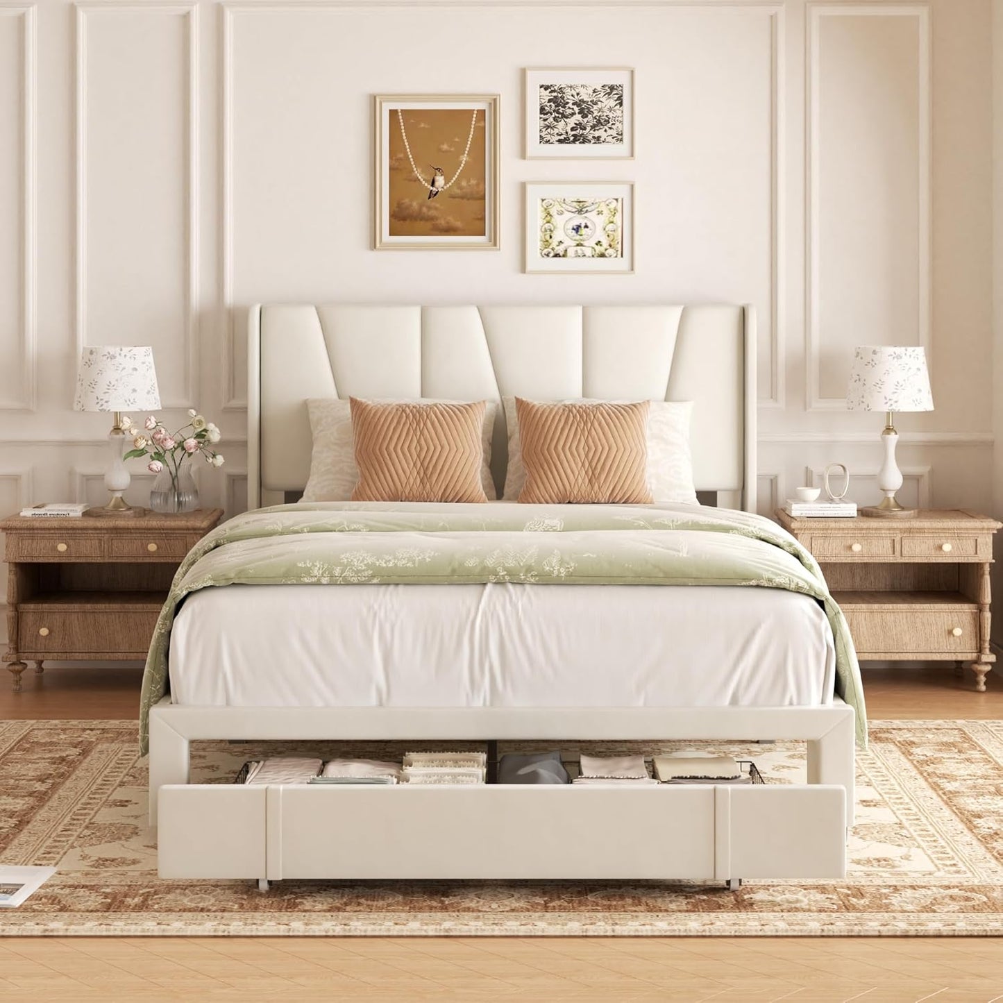 Full Bed Frame with Storage Drawers, Upholstered Platform Bed with Headboard and Wingboard, No Box Spring Needed, Noise Free, Easy Assembly, Wooden Support Slats, Beige