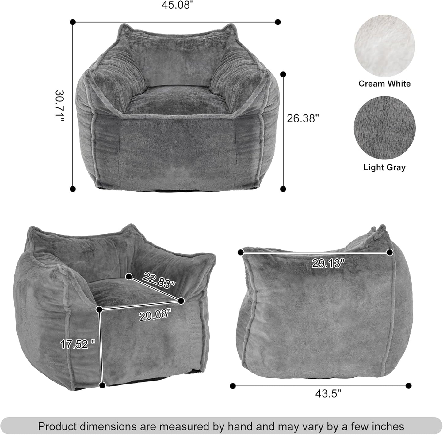 Giant Bean Bag Chair for Adults, Large Bean Bag Chair with Armrest, Living Room Fluffy Beanbag Couch with Filler Included, Comfy Washable Lazy Sofa Chair for Bedroom, Gray