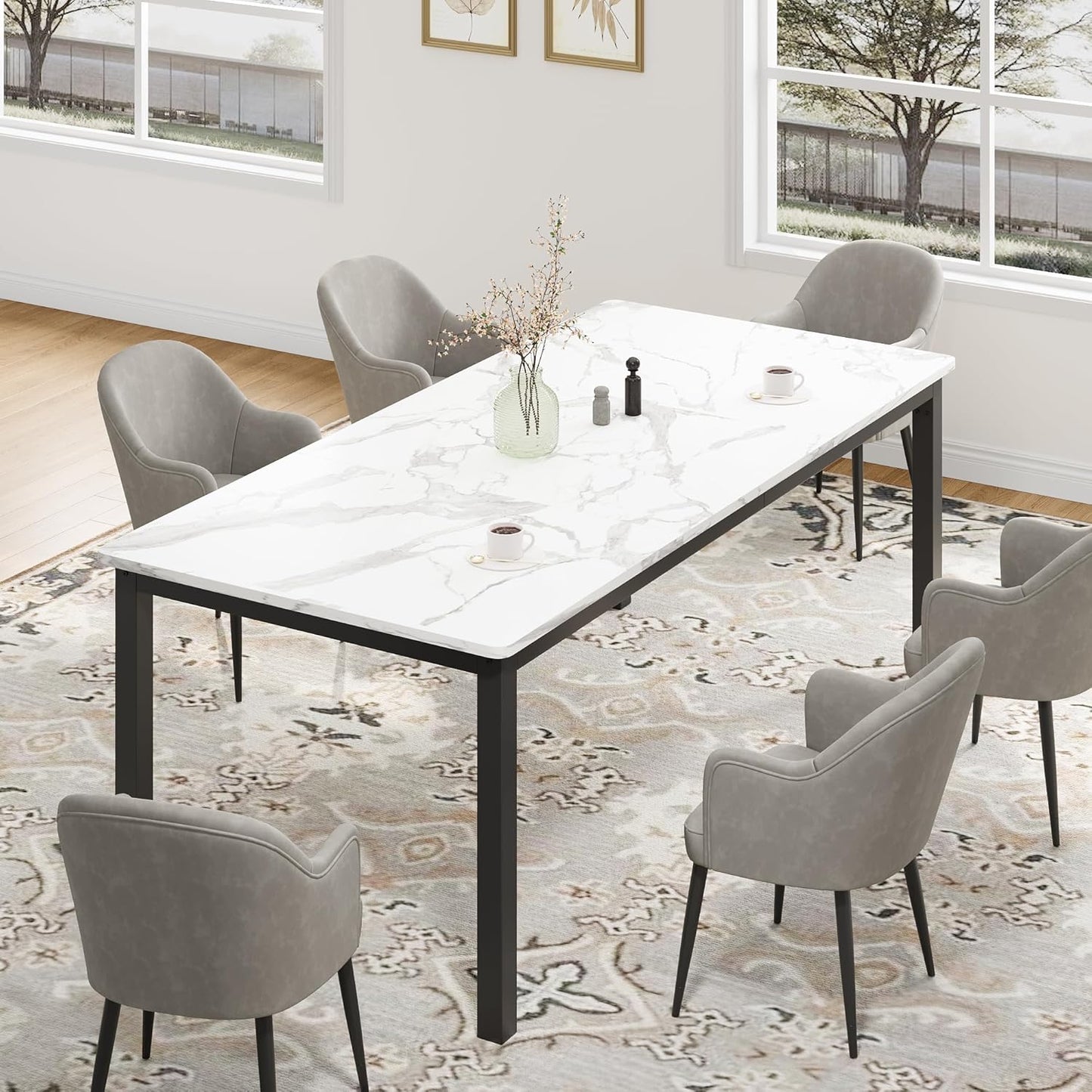 GarveeHome 78.7in Industrial Dining Table for 6, Wooden Long Dinner Table with Mortise Tenon Design, Kitchen Table with Sturdy Metal Legs, for Dining Room Home Office Living Room, White