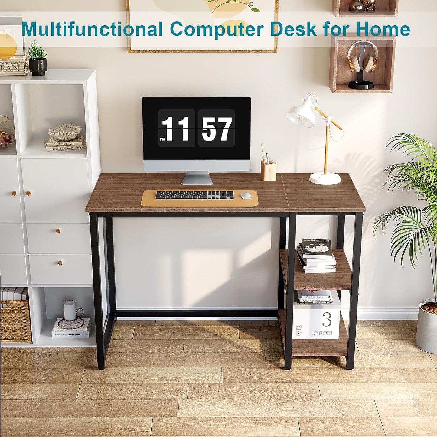 SINPAID 40" Vintage Desk with Shelves, Sturdy Dark Brown Desks with Storage, Rustic Desk Wooden