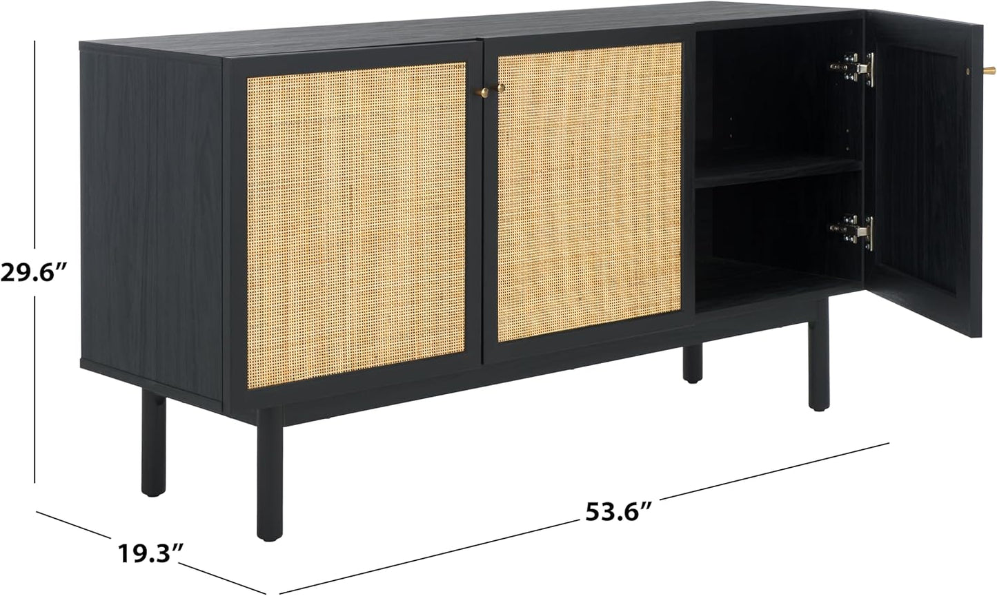 SAFAVIEH Aino TV Stand for up to 60" Flatscreen – Black with Rattan Mesh, 3 Doors with Interior Storage, Sideboard Cabinet, Entertainment Media Console (MED9618B)