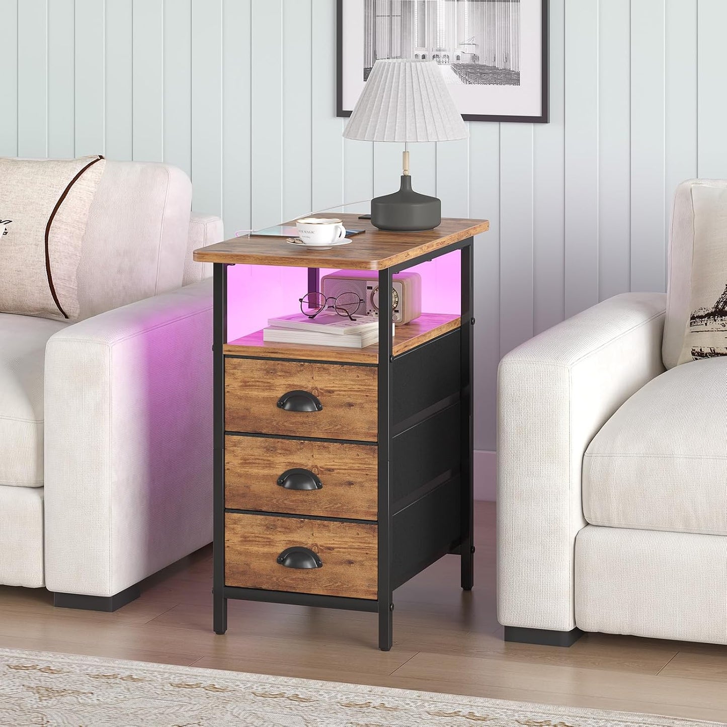 End Table with Charging Station,LED Side Tables with USB Ports and Outlets,Narrow Nightstands Bedside Tables with 3 Fabric Drawers for Small Space,Slim Sofa Table for Livingroom, Rustic Brown