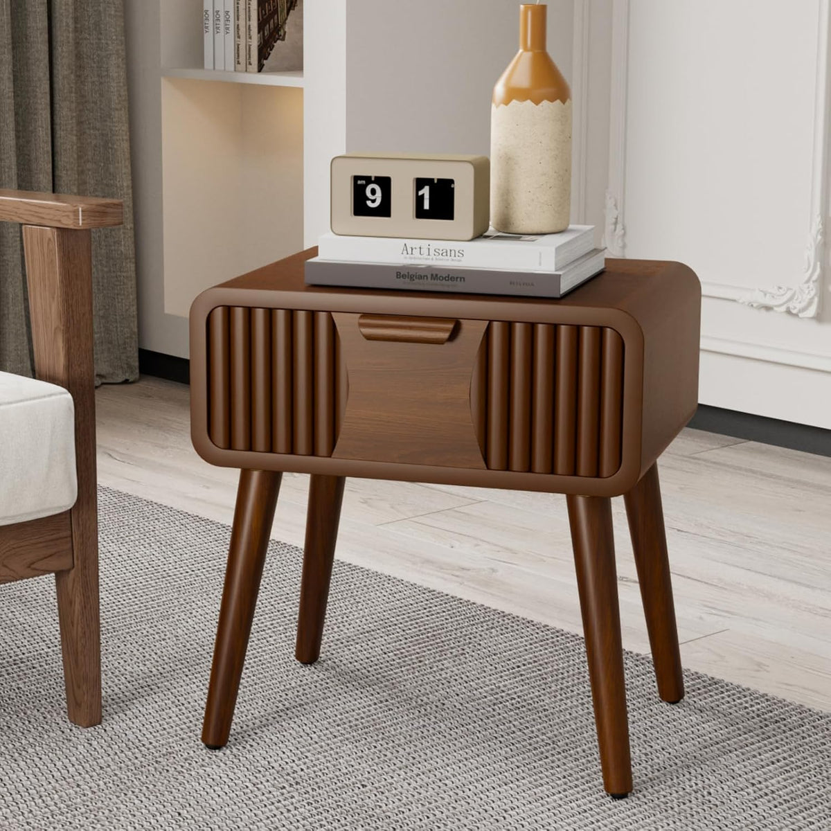 COSIEST Mid Century Modern Nightstand, MCM Vintage Bedside Table with Storage Drawer, Wood End Table for Bedroom, Living Room (Brown, Striped Pattern)