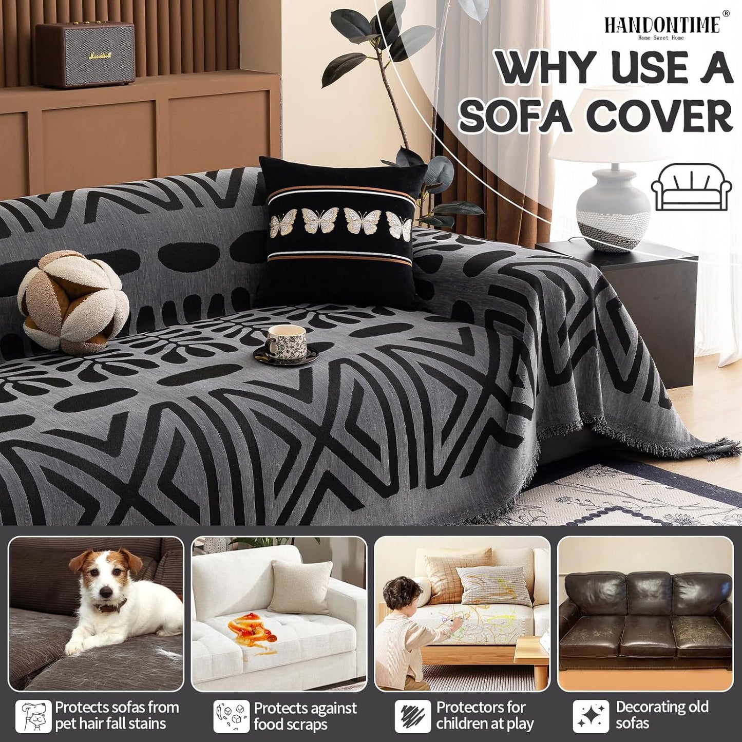 HANDONTIME Boho Couch Cover Blanket Geometric Striped Pet Covers for Couches and Sofas Dark Grey and Black Dog Cover for Couch Pet Friendly Chenille Sectional Sofa Covers for Pets Washable, 71" X118"