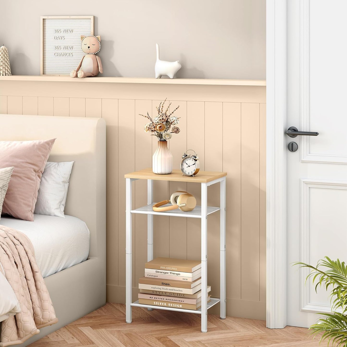 Hoctieon 3 Tier End Table, Telephone Table, Narrow Side Table with Storage, Nightstand for Small Spaces, Metal Frame, for Living Room, Bedroom, Sofa Couch, Hall, Easy Assembly, White and Yellow Oak