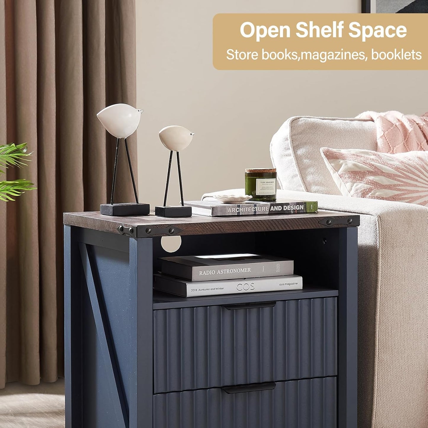 Navy Blue Nightstand with Charging Station - 20 Inch Wide Farmhouse Fluted Bedside Table with 2 Drawers, Modern Wood End Side Table for Bedroom Study Storage Home