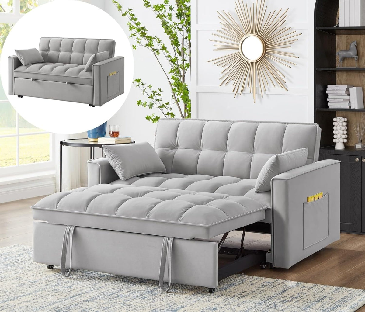KEIKI Velvet Loveseat Convertible Sofa Bed Sleeper Chair with Adjustable Backrest, Pillows & Storage Pockets, 3 in 1 Pull-Out Couch Chaise Lounge Recliner for Living Room Balcony Bedroom, Grey